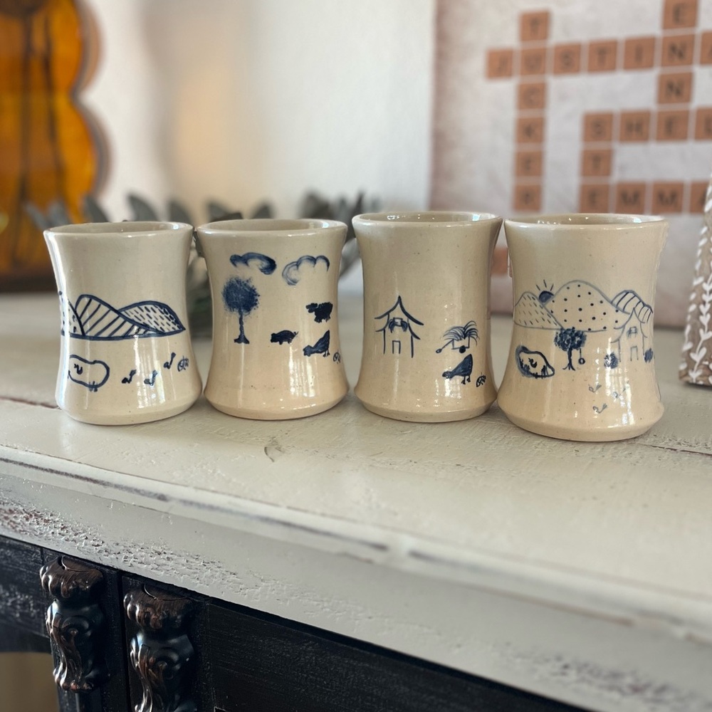 Rare Set of 4 Handmade Pottery Tumblers Solid Heavy Blue Folk Art Ichthys Symbol